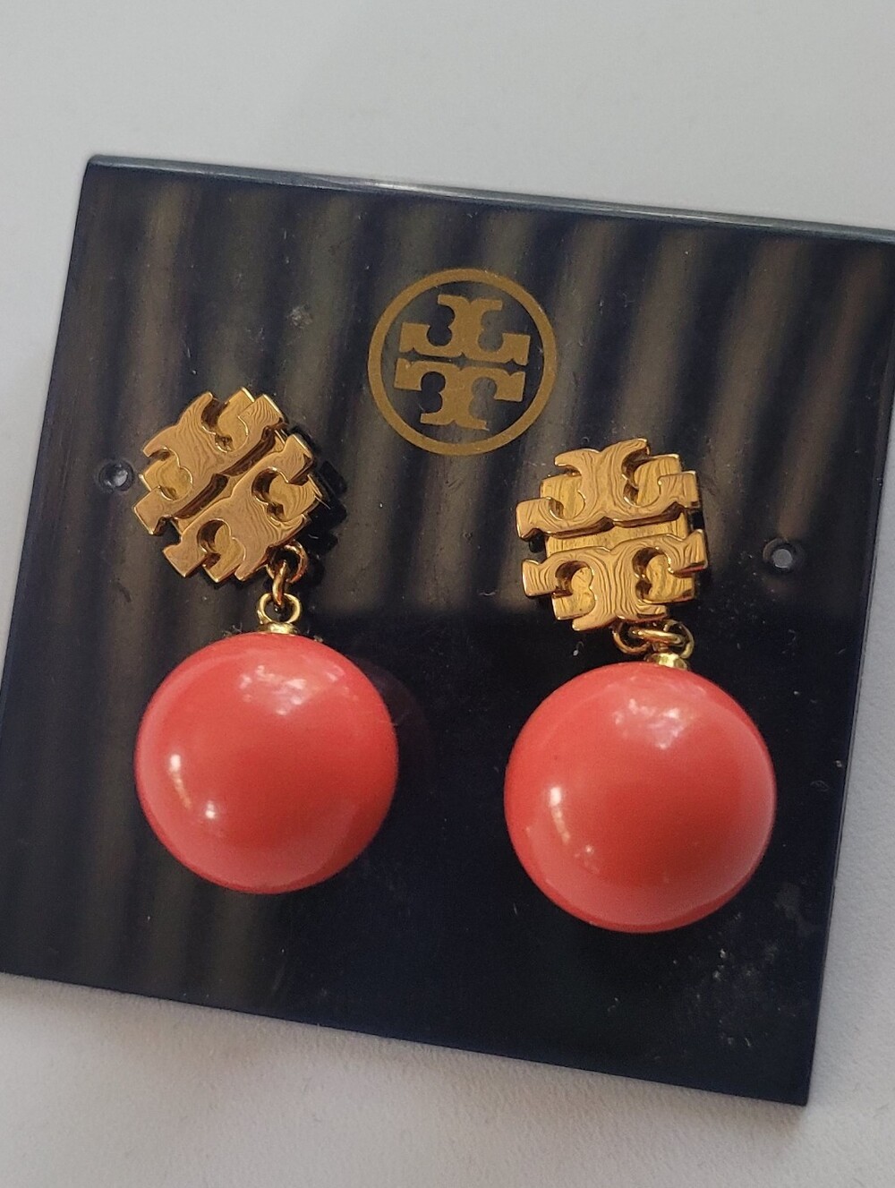 Tory Burch Evie Gold Logo Coral Ball Drop Earrings
